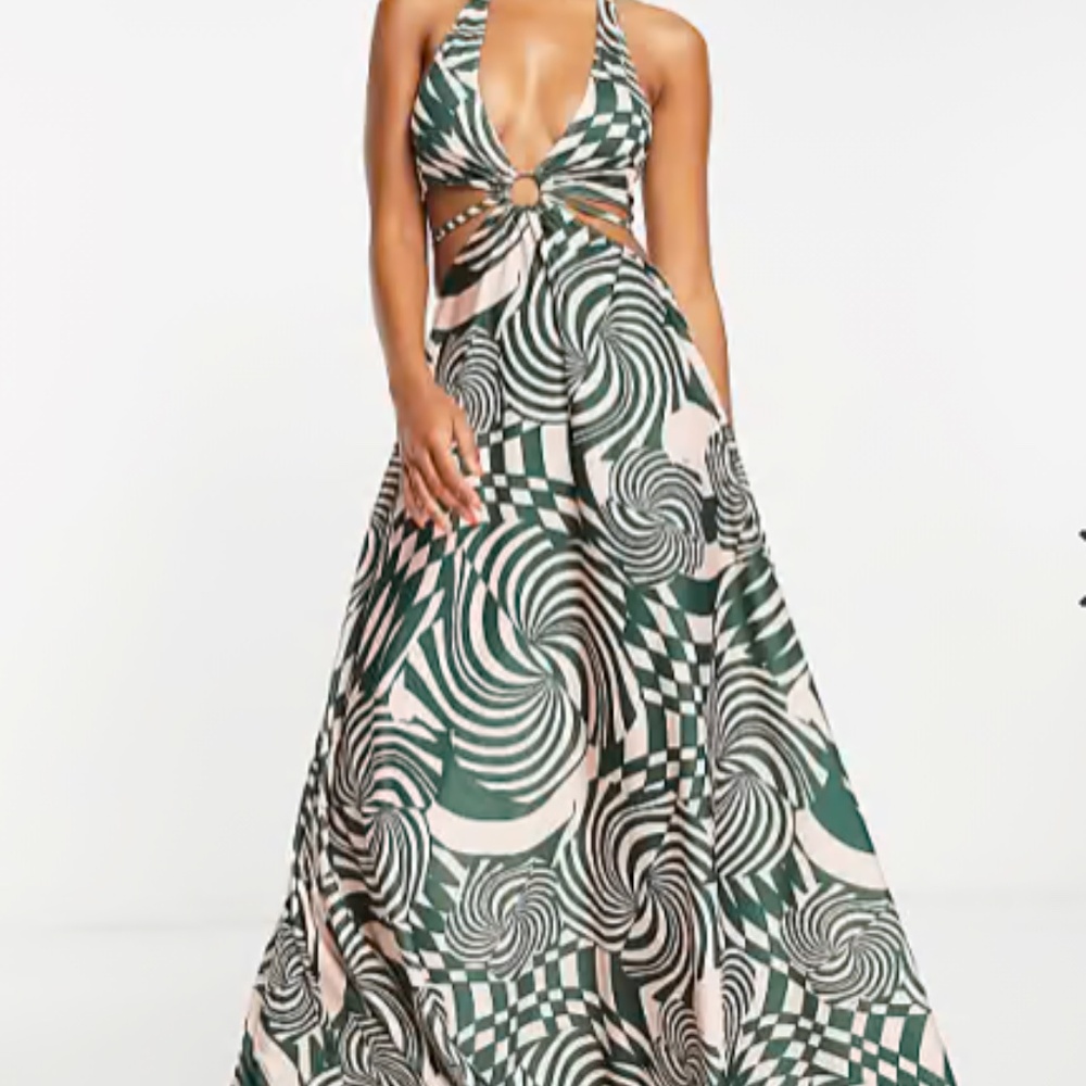 ASOS DESIGN ring detail halter maxi dress in print pattern